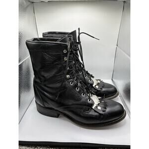 Vtg Laredo Women 7M Black Leather Lace Up Roper Kiltie Boot Silver Made in USA